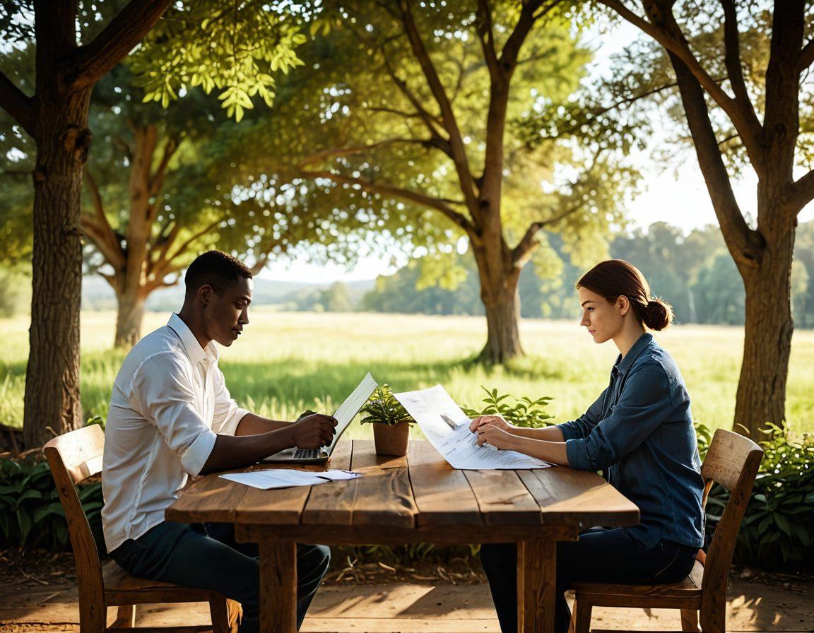 A couple sitting at a wooden table, engaging in a thoughtful discussion about insurance documents with a laptop open, surrounded by a cozy warm atmosphere featuring soft lighting. In the background, a serene landscape symbolizes security and stability, with green trees and a blue sky. There are subtle visual cues of teamwork, like interlocking hands and a heart symbol made from papers. super-realistic. warm colors. cozy ambiance.