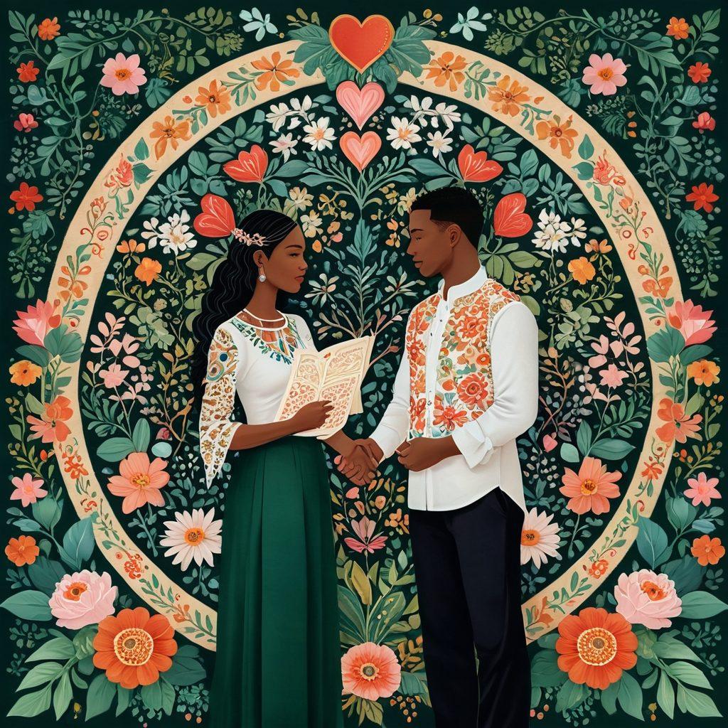 An intricate tapestry woven from various symbols of love and protection, showcasing elements like hearts, shields, and personalized paper scrolls representing policies. Include a diverse couple standing in the center, surrounded by lush greenery and blooming flowers symbolizing growth in their relationship. The background features abstract icons representing different insurance coverage types, seamlessly integrated into the scene. soft pastel colors. whimsical style.