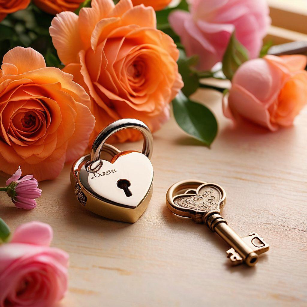 A heart-shaped lock and key entwined with wedding rings, surrounded by blooming flowers symbolizing love and growth. In the background, a serene sunset casts warm hues, representing a bright future together. Soft light illuminates the scene, creating a sense of hope and security. romantic atmosphere. vibrant colors. super-realistic.